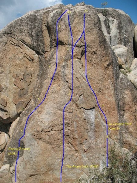 Sloping Beauty (5.10b), The Angry Inch (5.10c) and The Longest Yard (5.10a) from left to right.
