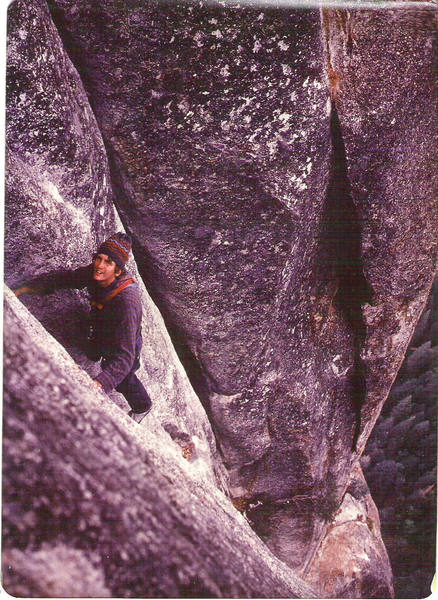 A 17 year old TrundleBum following one of the upper "flared groove" pitches, Middle Cathedral, East Buttress.<br>
(what is this? action, personal or I guess it could even be 'Historic')
