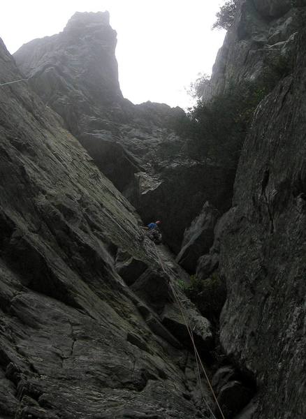 Nearing the big roof traverse on Golden Earring. Photo by Michael K.