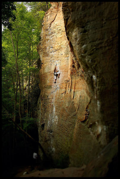 "To Defy Laws of Tradition", 5.10a, Left Flank, Red River Gorge, KY.