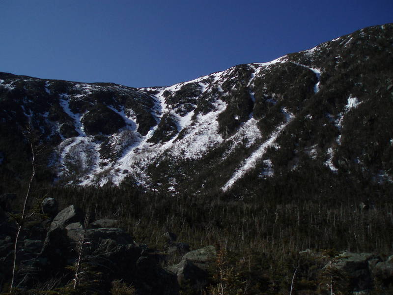 The right side of the ravine headwall in a low snow year. Great Gully is the large one in the center. Other potential climbs are seen to the right.