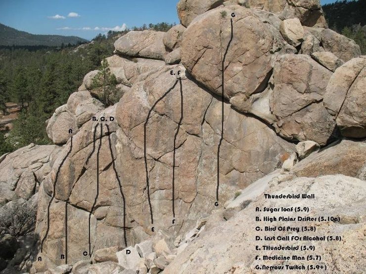 Thunderbird Wall photo/topo, Holcomb Valley Pinnacles