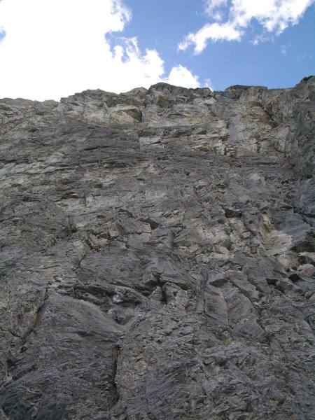 Looking up Smeagol from ground. 3rd pitch is the prominent crack near the top on the left that passes through 3 overhangs.