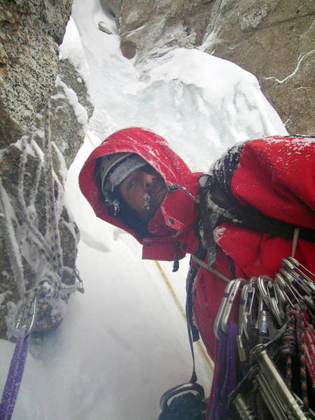 3. Jason C. getting ready for the crux of the Japanese Couloir (A.K.A SPINDRIFT FUNNEL) and the climb. A short section of solid WI4 with a 50lb pack. Photo by Avery Nelson