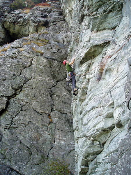 Having negotiated the thin traverse, I get ready to start up the crack system.  Photo by Eric.