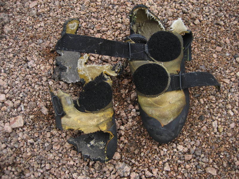 2 routes at Vedauwoo and my shoes are totally trashed! This place is hard on gear!!! ...just kidding, if you lost these at Holy Saturday, don't bother looking for them any more.