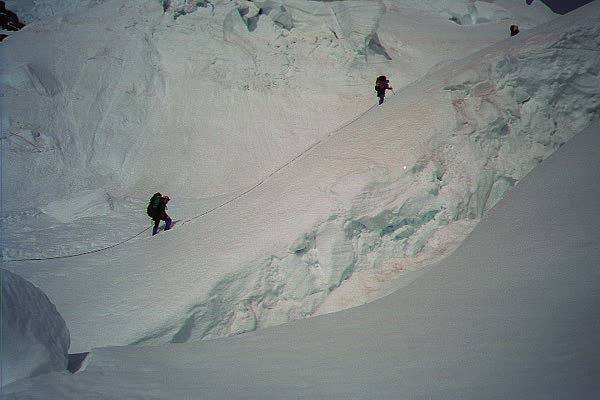Near the ice fall at the Robson/Resplendent col.