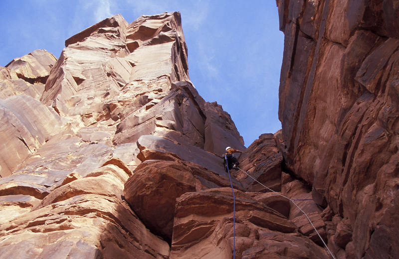Pavel Kejla on the short 5.6 pitch that accesses the backside of Lighthouse Tower and Dolomite Spire.
