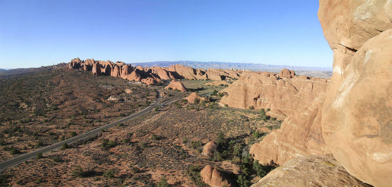Looking toward the Devil's Garden from the notch.<br>
<br>
Dark Angel is the solitary, thin spire on the far left.