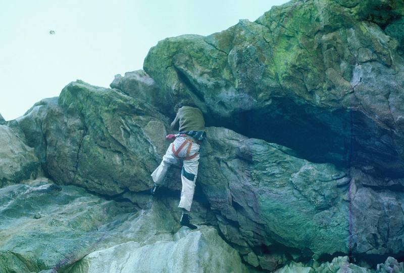 John Pearson on an early top rope attempt of Oh Mama Mama roof (1976) Sorry, old slide that has gone funky.