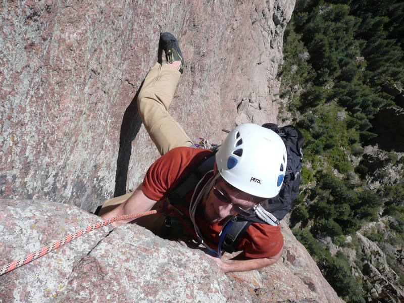 Finishing up pitch 4 of Warpy Moople in the Sandias. Nick T. on belay.