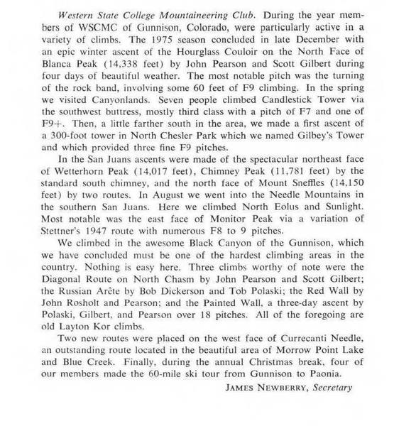 A synopsis from the secretary of the WSC Climbing Club, James Newberry, on the 1975 season.