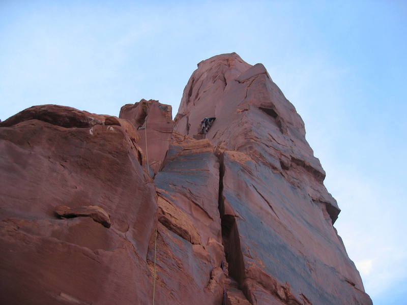 Matt on pitch 1. The belay ledge is up and to his right (White slings just visible).