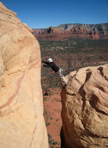 Minesh committed to the step across! 150' of air below him.