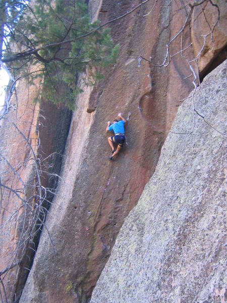 Entering the crux section, just after the spicey dyno to reach the clipping stance for the 3rd bolt.