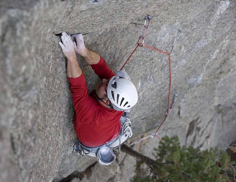 Sergei cruxing on the upper corner.