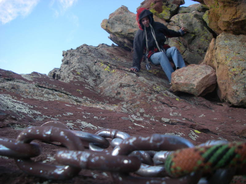 Anna scrambling to the anchors on south side of summit (thanks Bruce and Mike)