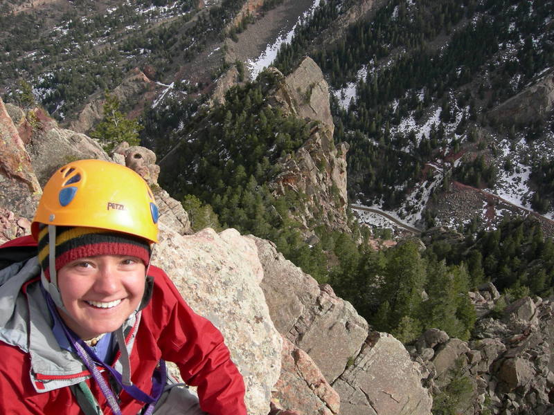 me at the top of shirt tail after following the last pitch of Tiger Balm Arete.