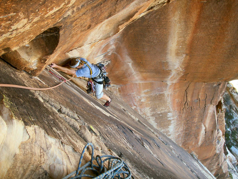 Andrew Gomoll styling the delicate moves of the Shamrock Roof on the first ascent.