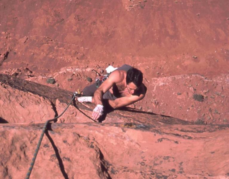 Tony Bubb near topping out high over the valley on Jah Man. Photo by Joseffa Meir, 1999(?).