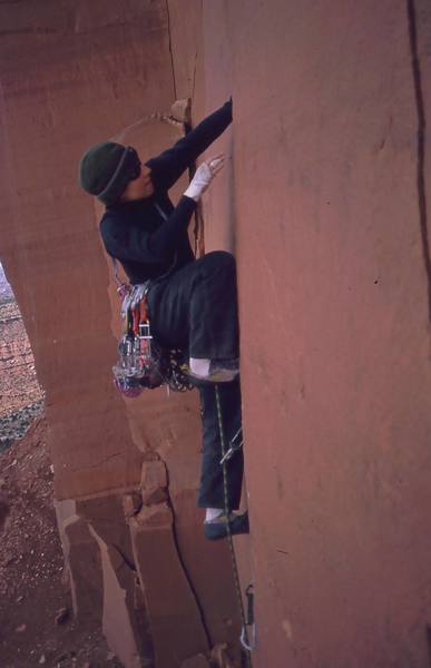 Joseffa Meir starts up on 'Lightning Bolt Cracks (5.11)' on the North Six Shooter. Photo by Tony Bubb, 1998 (?)