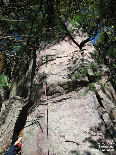 The left-slanting crack in the prow, on the right in this photo. Steve is doing another, unnamed route to the left.