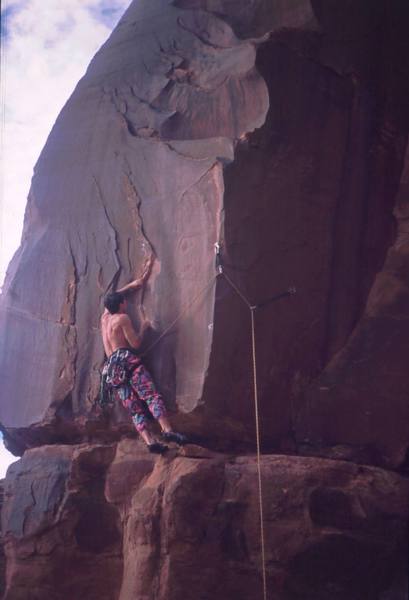 Tony Bubb, puzzled on 'Possessed (5.11+)' in Kane Creek Canyon. Maybe it was the pants? Photo by Dave Stewart, 2004.