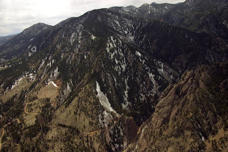 Eldo as seen from the air. You can clearly see the north face of The Bastille, although the sun was obscured by the sun on this cold and windy day. Not the best light, but you take what you can get when getting a free plane ride over Boulder. - Thanks Rick for the ride!