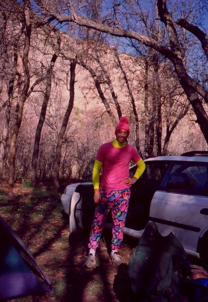 Sending clothes. Tony Bubb dressed for a day of hard cracks at Indian Creek. Photo by Dave Stewart(?), 2005.
