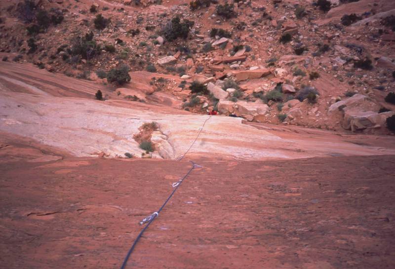 Joseffa Meir a long way down, following 'Circle Square Triangle (5.10-)' Photo by Tony Bubb, 2005.