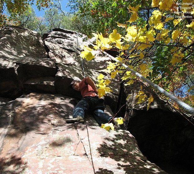 Burt checks to see if his belayer is on the job or fooling around with the dang camera again.