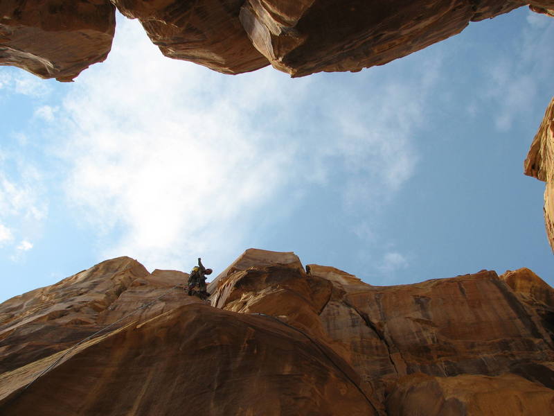 On the second pitch of Desert Guardian on the first ascent.<br>
<br>
Photo- Maura H.