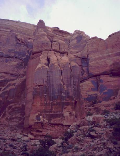 The Monolith Spire AKA: The Catcher's Mitt.<br>
Several routes cut their way up this formation between the fingers or on them. Most of the cracks are wide. Photo by Tony Bubb, 2005.