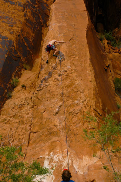 Rambo leading the way up the Slab. <br>
<br>
photo by Andy Librande.