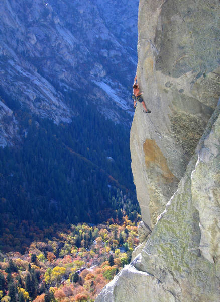Clay Calhoon works a route at the edge of the Green Adjective Gully in the Fall of 2005.