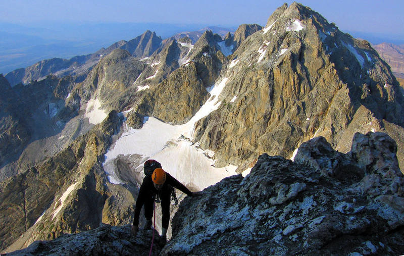 Nat on the Grand Teton, Upper Exum Ridge with the Middle Teton in the background.