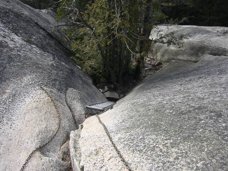 One of the sections of ladder and chains leading to the South Summit. As a climber you aren't likely to need these, or even encounter them on a climbing day unless you climb on the Raven's Castle. Even the routes that take you high up on the Grand Wall like The Roman Chimneys allow you to traverse off below the summit where these are encountered. For taking non-climbers for a fun hike, however, these features give them a feel of adventure not found on most hikes.