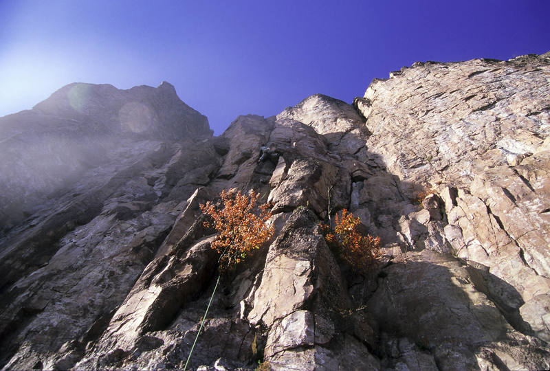 Crux of Pussyfoot. Scars and Tripes visible on the right and the diagonal traverse pitch of Laceration Jam can be seen on the left. Photo: Darin Limvere.