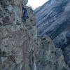 On a cold November morning, John Ross climbs pitch 2 of <em>Lord of the Slings</em>. 