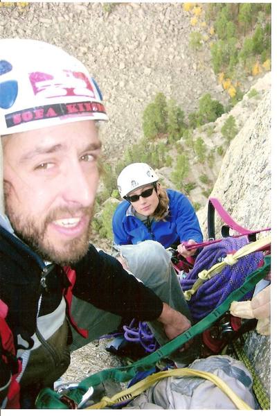 Patrick Kingsbury and Jessica Kilroy at the start of the 3rd pitch of Blotter Is My Spotter, an Excellent aid route on the West Face of Devils Tower.