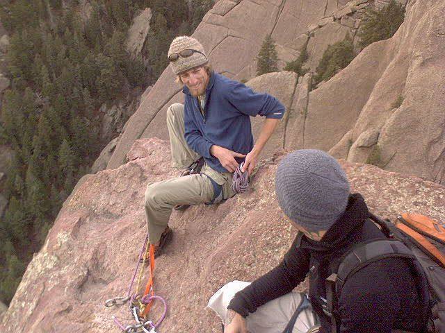 BMO and Glenn at the rap anchors. You can do a single rap off the back with 2-60m ropes off these anchors.