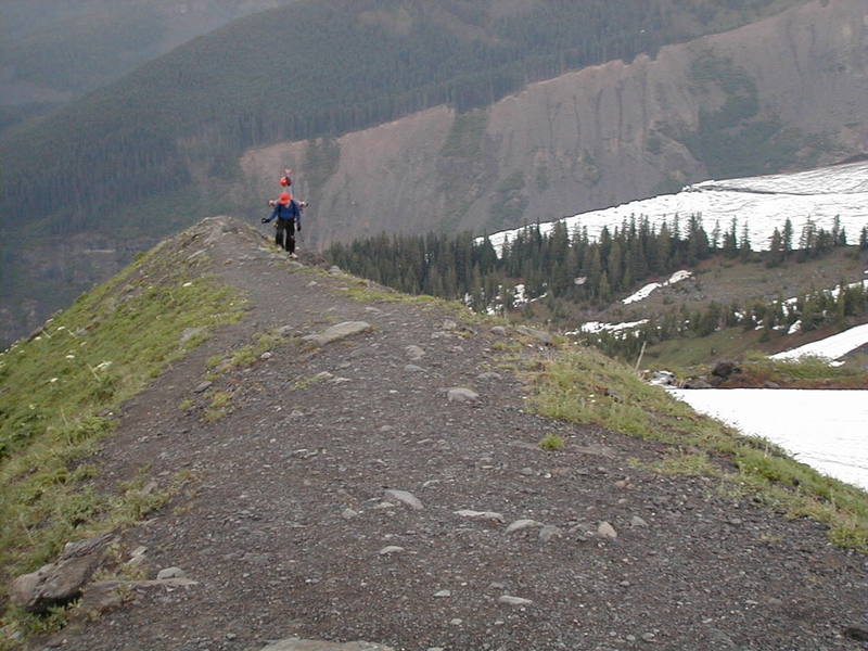 Getting close to the popular bivouac site at dawn. It was wet, depressing at the time. As we switched from running shoes to ski boots at the bivy, we noticed nobody else was even bothering to get up.<br>
<br>
Photo by Kirk Miller