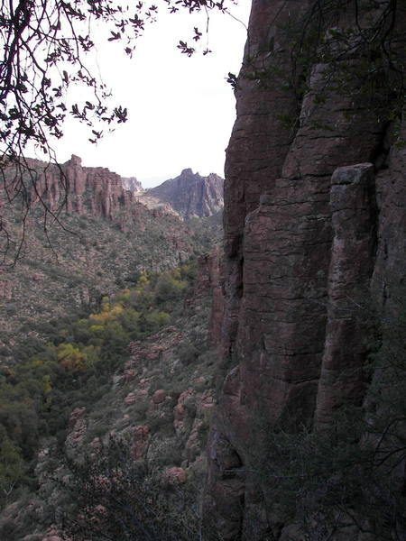 View looking south down Devils Canyon with the stove-pipe entrance to the chimney approach on the right.