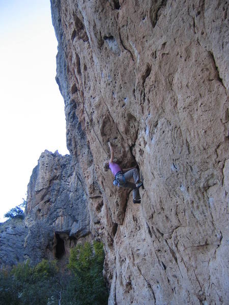 The route begins with some fun underclinging and liebacking before you pull the bulge on big jugs.