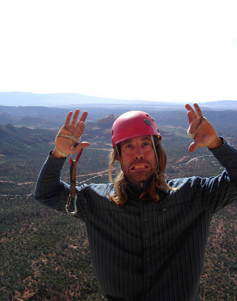 Goofing off on the 5th pitch of Four Flying Apaches in Sedona. Photo by Monica Miller.