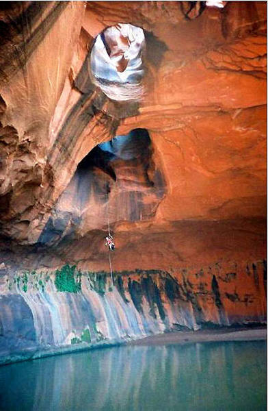 This is Scott rapping into the Golden Cathedral, the last rappel in Neon Canyon. Photo by me.