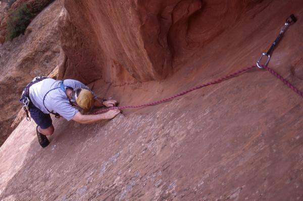 Gary Jenkins just above the crux - note the hiking boots... what a stud!