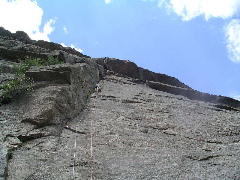 Climbing the Moby Grape dihedral (1st pitch).