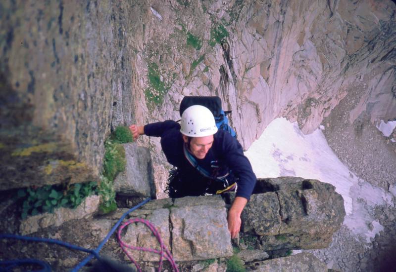 Mark Spieker follows up above the crux of The Casual Route (10a) on the Diamond Face of Longs Peak, Photo by Tony Bubb, 1997.