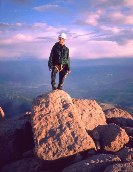 Mark Spieker, an old pal and occasional visiting partner. <br>
In this photo, Mark stands on the summit after an afternoon nap on the top of Longs Peak in 1997 following an ascent of The Casual Route. Photo by Tony Bubb.